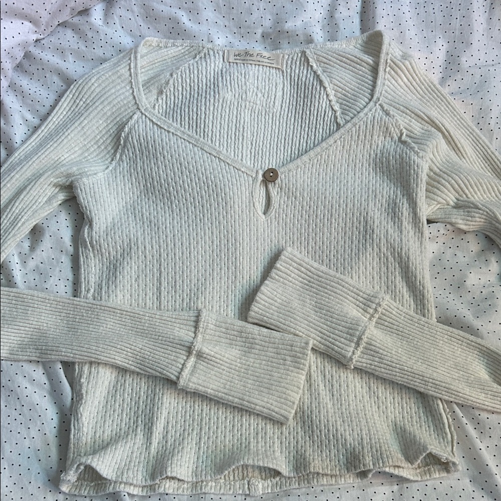 We The Free Cream Ribbed Long Sleeve Top with Button Detail